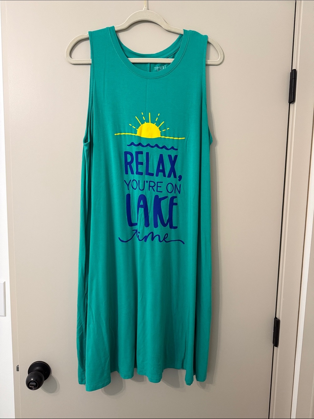 Time and Tru Teal Sleeveless Lake-Graphic Coverup with Yellow Sun